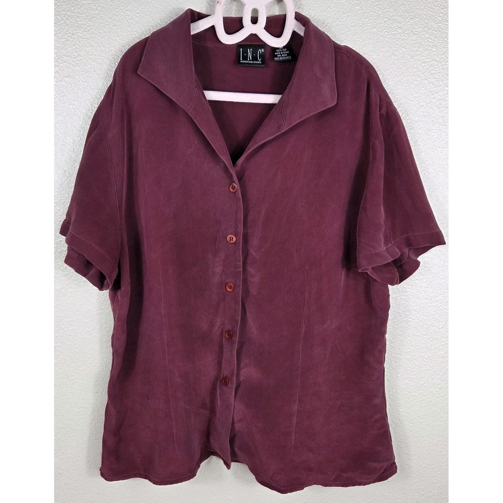 INC International Concepts 100% Silk Button Front Blouse Burgundy Wine Size 10 V